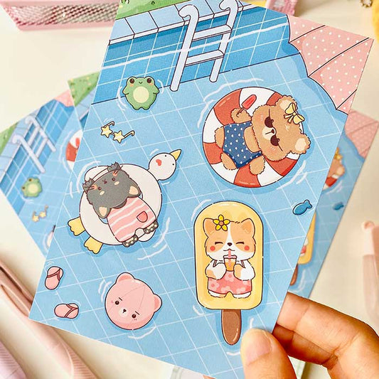 postal kawaii con diseño de de verano en la piscina, ilustración original de papelería bonita