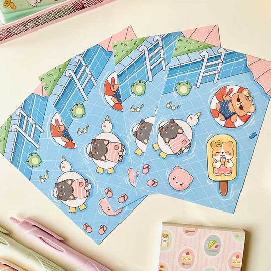 postal kawaii con diseño de de verano en la piscina, ilustración original de papelería bonita