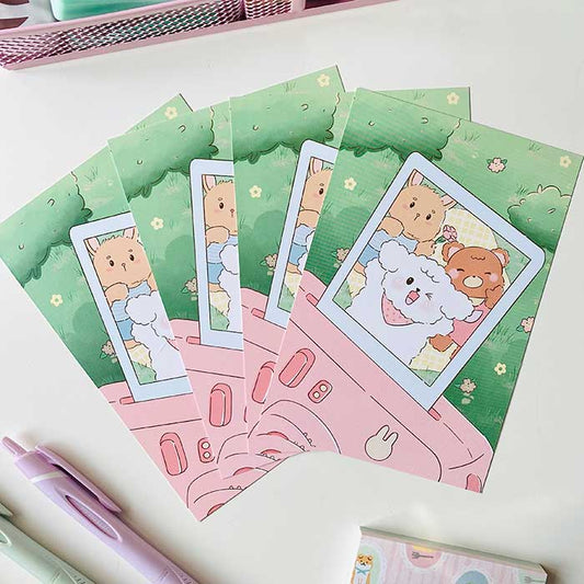 postal kawaii con diseño de fotografía polaroid en un día de primavera, ilustración original de papelería bonita