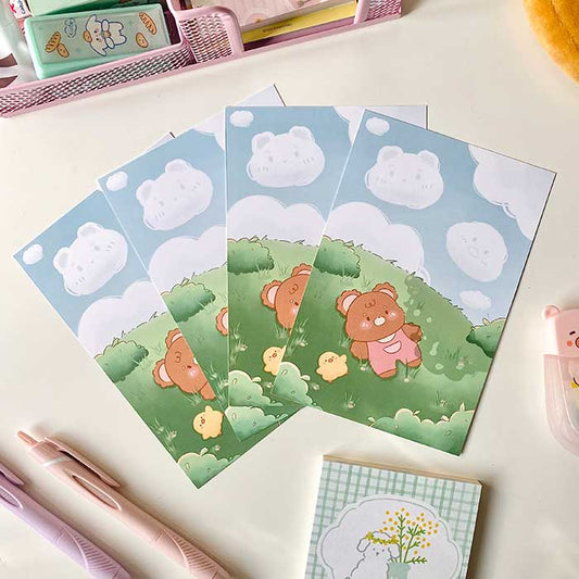 postal kawaii con diseño de primavera en el campo, ilustración original de papelería bonita