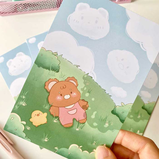 postal kawaii con diseño de primavera en el campo, ilustración original de papelería bonita