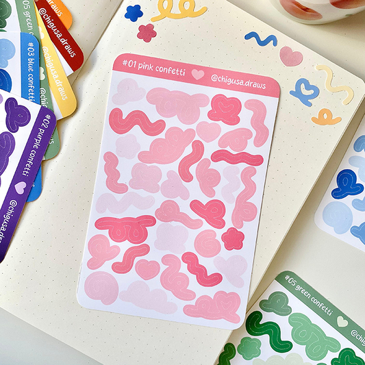 pegatinas decorativas de confeti y serpentinas de colores y papelería bonita
