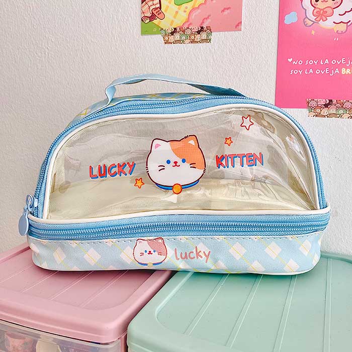 estuche escolar grande kawaii para lapices, transparente y con compartimentos
