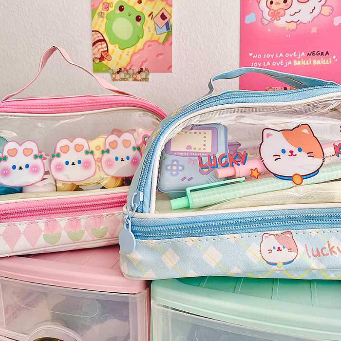 estuche escolar grande kawaii para lapices, transparente y con compartimentos