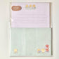 set de cartas y sobres con textura de papeleria japonesa con pollito kawaii