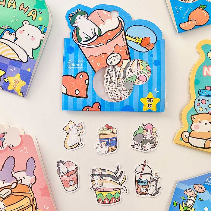 hoja de pegatinas de papel con textura para agendas y libretas, con diseños de animales kawaii