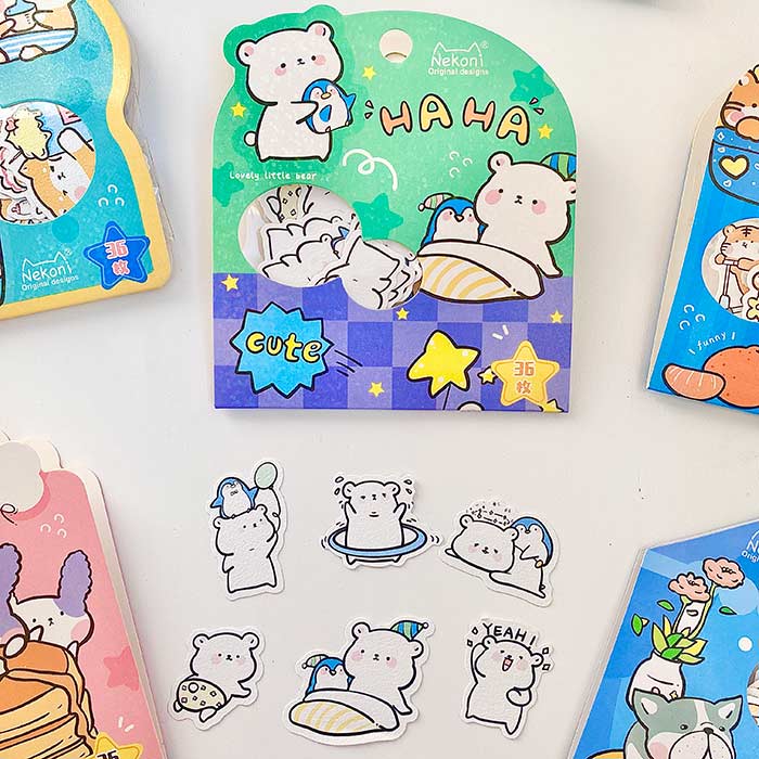 hoja de pegatinas de papel con textura para agendas y libretas, con diseños de animales kawaii