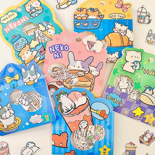 hoja de pegatinas de papel con textura para agendas y libretas, con diseños de animales kawaii