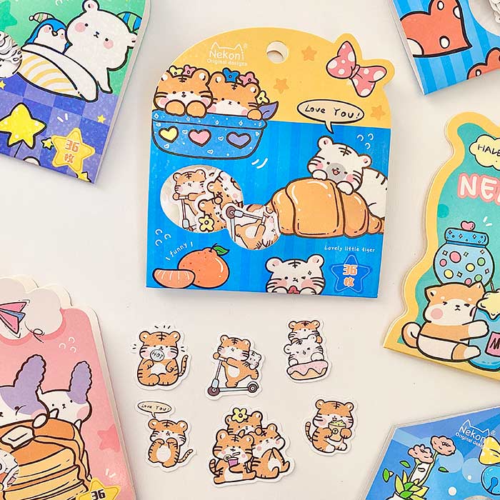 hoja de pegatinas de papel con textura para agendas y libretas, con diseños de animales kawaii