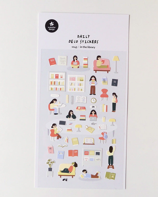 pegatinas coreanas estilo cozy y aesthetic de una chica en una biblioteca para agenda y bullet journal