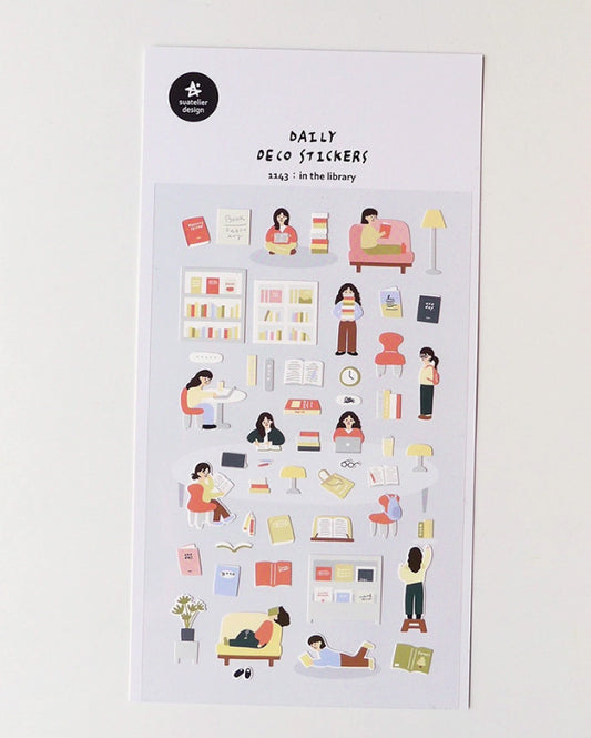 pegatinas coreanas estilo cozy y aesthetic de una chica en una biblioteca para agenda y bullet journal