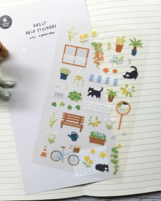 pegatinas coreanas de gatos y naturaleza de jardin inspirado en primavera para agenda y decorar el bullet journal